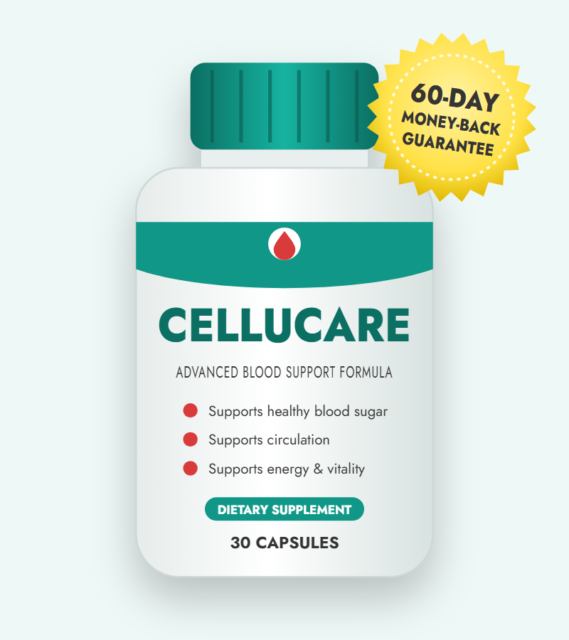 CelluCare supplement bottle with 60-day money-back guarantee